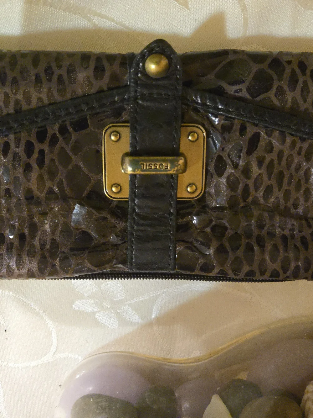 Fossil Brown Croc-Embossed Leather Clutch with Brass Plate